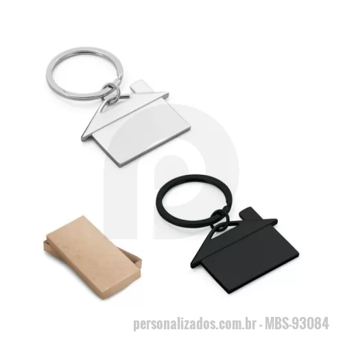 Chaveiro metálico personalizado - Chaveiro em metal em formato de casa. Fornecido em caixa presente de papel kraft reciclado. 49 x 36 x 3 mm