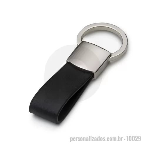 Chaveiro personalizado - Chaveiro de metal com couro sintético e argola giratória, para utilizá-la basta levantá-la e rotacionar. Metal frente lisa e verso com um parafuso inferior.