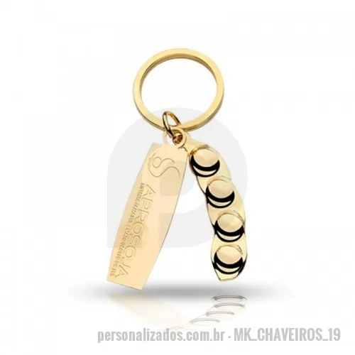 Chaveiro personalizado - Chaveiro em metal, desenvolvido para a Aprosoja, chapa em corrosão com gravação de logo em baixo relevo, Soja modelada 3D, banhado a ouro, sistema  argola.