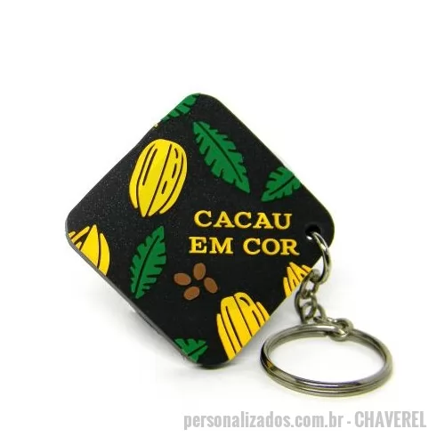 Chaveiro personalizado - Chaveiro Emborrachado, Gravação em Alto relevo com a logo do cliente. Desenvolvimento de formato específico. Acabamento em cordão de nylon e argola (ou em corrente metálica e argola).