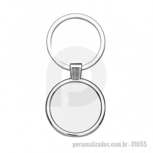 Chaveiro personalizado - Chaveiro de metal redondo com chapa central, verso liso. Medidas aproximadas para gravação (CxL):  3 cm x 3 cm Tamanho total aproximado  (CxL):  7,4 cm x 3,5 cm Peso aproximado (g):  21