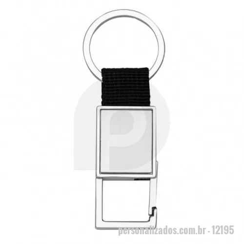 Chaveiro personalizado - Chaveiro de metal com mosquetão (sem trava) e alça de nylon. Parte frontal com chapa inox e verso brilhante liso.