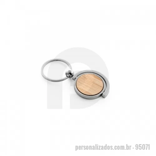 Chaveiro personalizado - Chaveiro redondo em bambu com revestimento em metal. Fornecido com bolsa em cartão kraft.