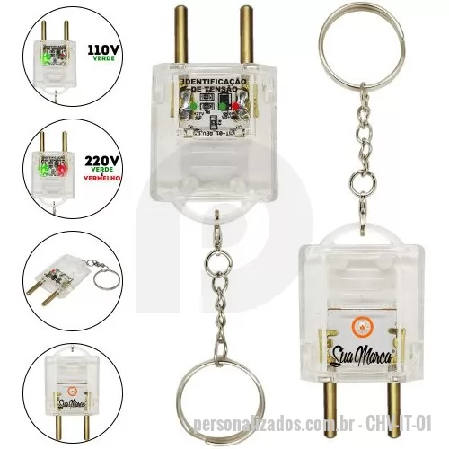 Chaveiro personalizado - Chaveiros personalizados com formato de tomada, confeccionados em plástico policarbonato transparente e correntinha com argola de metal. Possui identificador de tensão 