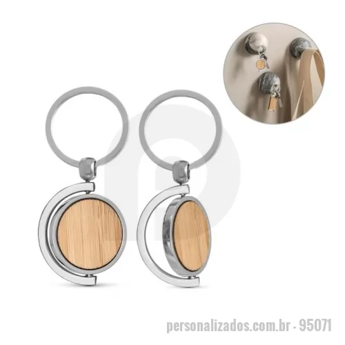 Chaveiro personalizado - Chaveiro Personalizado - 95071 - Chaveiro redondo em bambu com revestimento em metal. Fornecido com bolsa em cartão kraft - 179246 - Chaveiro