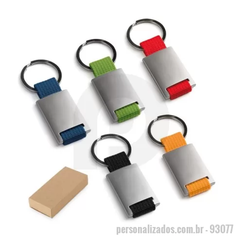 Chaveiro personalizado - Chaveiro em metal e em webbing. Fornecido em caixa presente de papel kraft reciclado. 28 x 60 x 6 mm