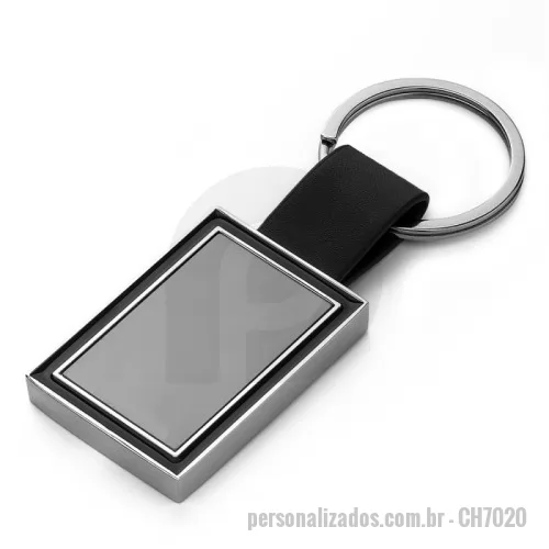 Chaveiro personalizado - Chaveiro de metal em níquel brilhante + PU, acompanha caixa com berço aveludado.