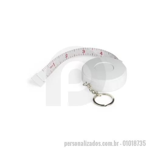 Chaveiro personalizado - Fita métrica plástica de 3 metros com botão acionador, mecanismo com trava.