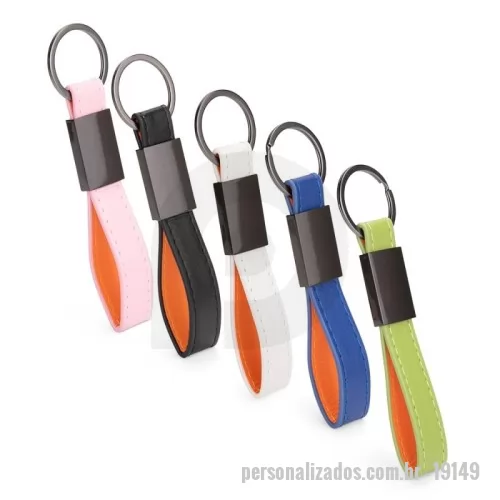Chaveiro personalizado - Chaveiro metálico com tira em couro sintético. Possui superfície lisa e dois parafusos na parte posterior.