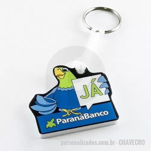 Chaveiro personalizado - Chaveiro Emborrachado, Gravação em cromia UV com a logo do cliente. Desenvolvimento de formato específico. Acabamento em cordão de nylon e argola (ou em corrente metálica e argola).