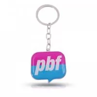 Chaveiro desenvolvido para a PBF com base em metal, modelo com recorte especial, aplicação de etiqueta resinada.