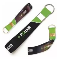 Chaveiro confeccionado em fita de poliéster acetinada com acabamento em argola e personalizado com sublimação.