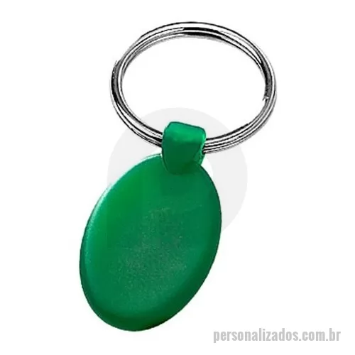 Chaveiro plástico ou acrílico personalizado - Chaveiro em plástico verde, formato oval e argola em metal.
