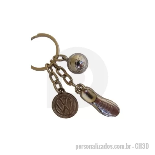 Chaveiro tridimensional personalizado - Chaveiro triplo em metal, gravação laser ou alto/baixo relevo, banho niquelado ou dourado, pintura à mão. Formato recortado conforme logomarca ou arte  do cliente.