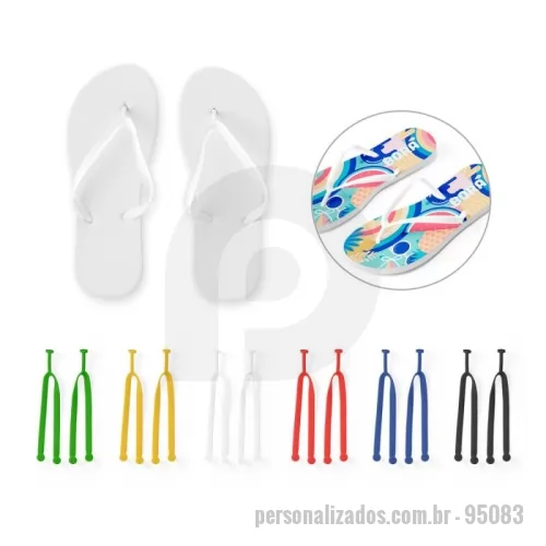 Chinelo personalizado - 95083 BALI L / XL. Chinelos com sola e m EVA totalmente personalizável em sublimação e tira em PVC Chinelos confortáveis com sola em EVA e tira em PVC. A sola é totalmente personalizável em sublimação. Tamanhos disponíveis: G/GG (40 ao 43). Fornecidos num saco e montados em caso de personalização e desmontados em caso de não personalização. G/GG