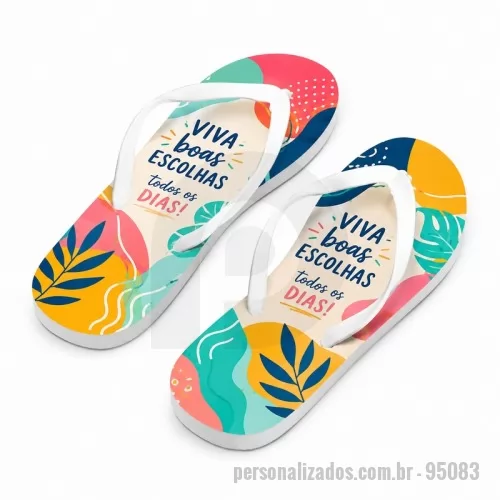 Chinelo personalizado - Chinelos confortáveis com sola em EVA e tira em PVC. A sola é totalmente personalizável em sublimação. Tamanhos disponíveis: G/GG (40 ao 43). Fornecidos num saco (montados em caso de personalização e desmontados em caso de não personalização). G/GG