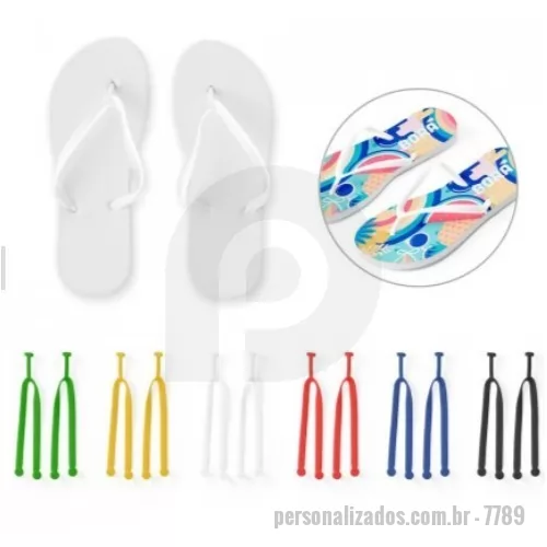 Chinelo personalizado - Chinelos confortáveis com sola em EVA e tira em PVC. A sola é totalmente personalizável em sublimação. Tamanhos disponíveis: G/GG (40 ao 43). Fornecidos num saco (montados em caso de personalização e desmontados em caso de não personalização). G/GG