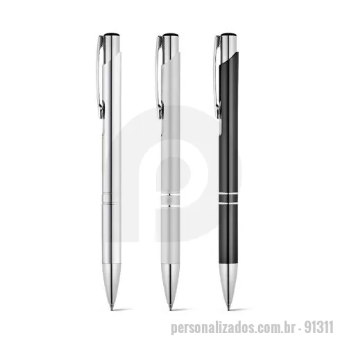 Clipe personalizado - Esferográfica em alumínio com clipe e acabamento metalizado. Escrita em azul at&eacute, 1.5 km. ø10 x 137 mm