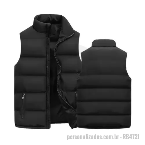 Coletes promocionais personalizado - FICHA TÉCNICA – COLETE PUFFER (ACOLCHOADO TÉRMICO). Descrição do Produto  Colete puffer desenvolvido para proteção térmica e conforto em ambientes frios ou de meia estação. Produto leve, funcional e elegante, ideal para uniformes corporativos, eventos promocionais e campanhas de inverno. Especificações Técnicas Produto: Colete puffer personalizado Material externo: Poliéster impermeável ou resistente à água Material interno: Forro em poliéster ou nylon Enchimento: Fibra sintética siliconada (isolamento térmico) Estrutura: Acolchoado com costura em gomos (quilting) Fechamento: Zíper frontal reforçado Gola: Alta (proteção contra vento) Bolsos: Laterais com zíper (opcional interno) Cavas: Acabamento com elástico ou viés reforçado Acabamento: Costura reforçada e modelagem anatômica. Medidas (padrão) PP, P, M, G, GG, XGG (Pode ser ajustado conforme modelagem do cliente). Personalização Bordado (principal método recomendado) Patch bordado ou emborrachado (PVC) Silk screen (serigrafia em área