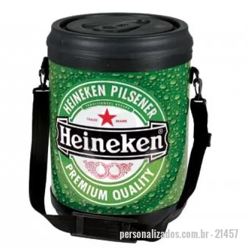 Cooler personalizado - Cooler Térmico Personalizado para bebidas com capacidade 24 latas c/ alça tiracolo, injetado em polipropileno (PP) de alta resistência. Isolante térmico de P.U. injetado com 35mm de espessura. Tubo externo em PVC, revestido em adesivo com impressão digital de alta resolução em 360°. Impressão com cores a traço/chapadas ou em cromia tipo foto imagem.