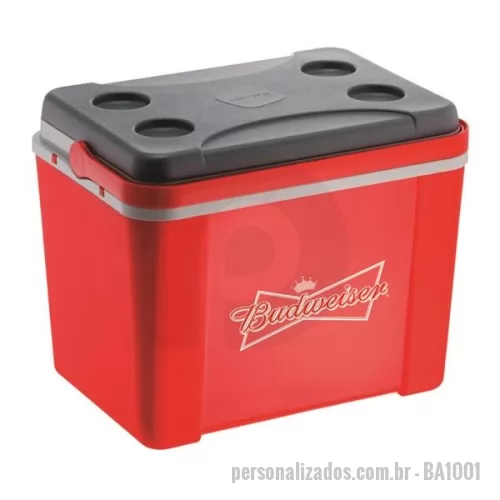 Cooler personalizado - Caixa térmica 34L fabricada com matéria prima pura virgem e atóxica. Laudo de pureza e toxidade podem ser fornecidos. Com isolamento em EPS placas de 15mm e 16mm. Disponível em várias cores. Gravação da logomarca em 1 cor já inclusa.