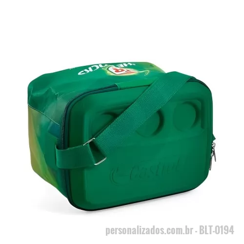 Cooler térmico personalizado - Cooler térmico formato quadrado com tampa e fundo termo moldado em E.V.A, fechamento em zíper, alça de ombro. Capacidade 12 latas + gelo. Medidas aproximada 30 x 23 x 25 cm.