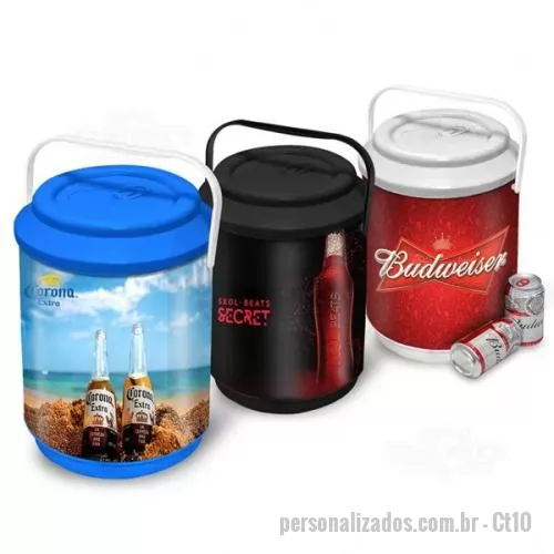 Cooler térmico personalizado - Cooler Térmico em PP com parede dupla e isolamento interno com chapa de isopor, em formato lata de cerveja com capacidade para 10 latas ou 6 litros, tamanho aproximado 31 x 20,2 cm.