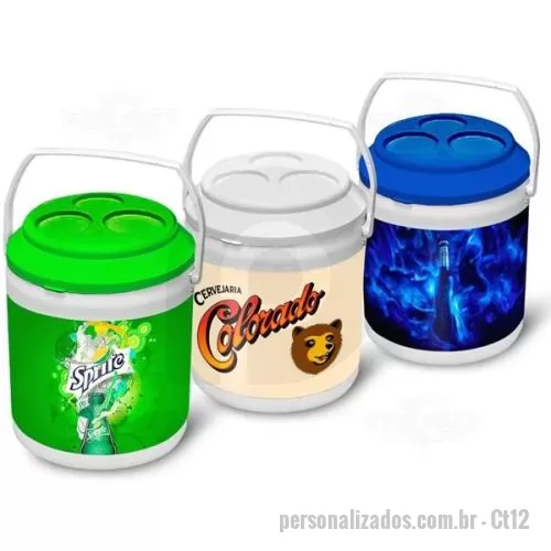 Cooler térmico personalizado - Cooler Térmico em PP com parede dupla e isolamento interno com chapa de isopor, em formato lata de cerveja com capacidade para 12 latas ou 9 litros, tamanho aproximado 31 x 23,5 cm.
