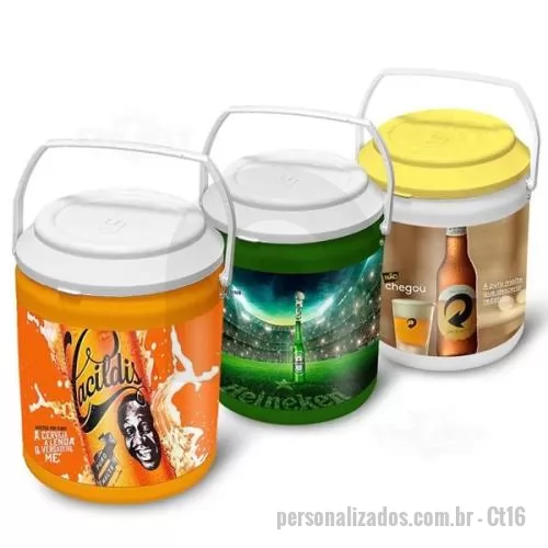 Cooler térmico personalizado - Cooler Térmico em PP com parede dupla e isolamento interno com chapa de isopor, em formato lata de cerveja com capacidade para 16 latas ou 12 litros, tamanho aproximado 35,5 x 33,1 cm.
