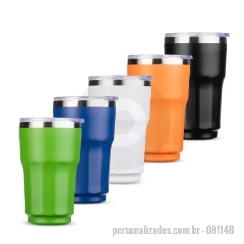 Cooler térmico personalizado - Copo térmico com capacidade máxima de 300ml. Possui estrutura de parede dupla com interior em inox 304 e exterior em inox 201 e pintura eletrostática. Conta com tampa de pressão em plástico com protetor deslizante para o bocal e anel de vedação emborrachado.