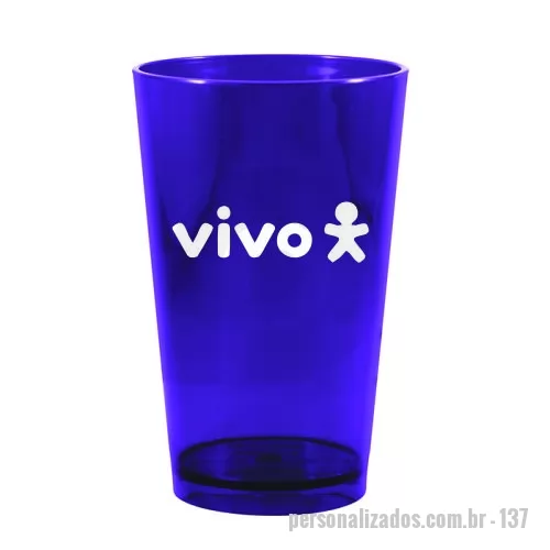 Copo Acrílico personalizado - Capacidade para 320ml. Design moderno e acabamento impecável, o Copo Cancun é feito em Plástico Premium (PS), atóxico, com parede de 2mm de espessura que garante um produto robusto de alta qualidade, transparência impecável e cores vibrantes.