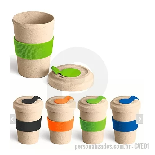 Copo Biodegradavel personalizado - Copo para Viagem 500 ml. Fibra de Bambu e PP.  Com banda de silicone e tampa.