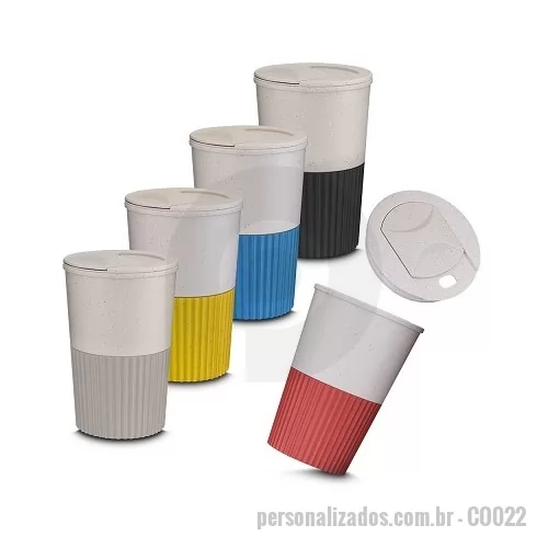 Copo Biodegradavel personalizado - Copo plástico com parede dupla, produzido com fibra de trigo e plástico, com capacidade de 400ml e tampa rosqueável.