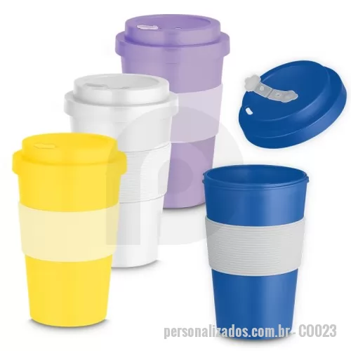 Copo Biodegradavel personalizado - Copo plástico produzido em Plástico RPET, com capacidade de 400ml, tampa rosqueável e detalhe em silicone.