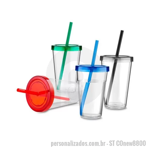 Copo com Canudo personalizado - Copo com canudo personalizado, fabricado em PS cristal, eles possuem tampa rosqueável, capacidade de 600 ml além de amplo espaço para personalizar a logomarca de empresas e parceiros comerciais.