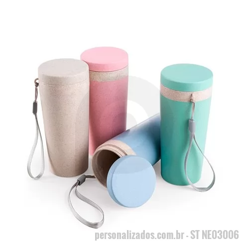 Copo com cordão personalizado - Copo Térmico Fibra de Bambu Personalizado