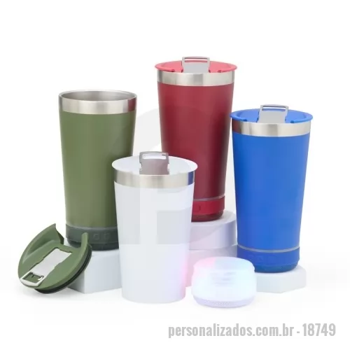 Copo com led personalizado - Copo térmico de inox com caixa de som e capacidade 400ml. Contém tampa com abridor. Caixa de som bluetooth com botão para ligar/desligar, botões para aumentar diminuir volume/ avançar e retroceder faixas. Acompanha cabo USB Tipo-C. Obs.: A caixa de som não é a prova dágua, para a higienização do copo é necessário desrosquear a caixa de som para remove-la.  Altura: 18,3 cm Largura: 9,6 cm Circunferência: 28,8 cm