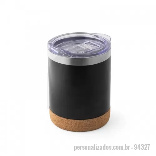 Copo com tampa personalizado - Copo de viagem em aço inoxidável com parede dupla isolada a vácuo, acabamento fosco e base em cortiça (térmico). Contém uma tampa transparente com fecho deslizante. Capacidade até 400ml. Food grade. Fornecido em caixa presente kraft. 