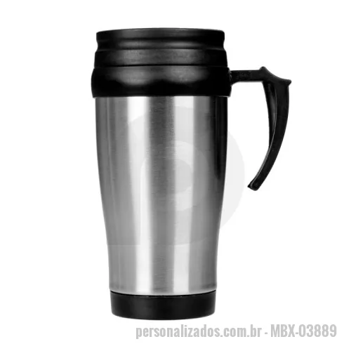 Copo com tampa personalizado - Caneca de inox com detalhes plásticos, capacidade de 400ml. Tampa com vedação e bocal com trava de segurança.