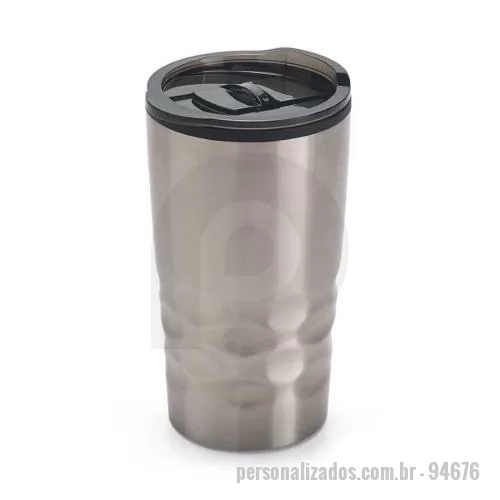 Copo de alumínio personalizado - Copo de viagem. Aço inox e PP. Com corpo duplo. Capacidade: 510 ml. Food grade. Fornecida em caixa.  87 x 151 mm