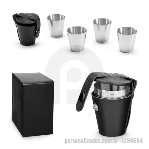 Copo de alumínio personalizado - Conjunto de 4 copos em aço inox com bolsa para transporte em PU, copo com capacidade até 25 mL. Fornecido em caixa presente. Certificação EU Food Grade. ø44 x 62 mm