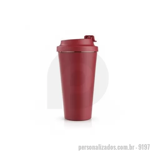 Copo de alumínio personalizado - Copo em inox 304 com revestimento externo em polipropileno PP e capacidade para até 480 ml. Apresenta tampa rosqueável em PP com protetor para o bocal. Acompanha alça em nylon com detalhe em couro sintético para transporte. Altura : 20,6 cm Largura :