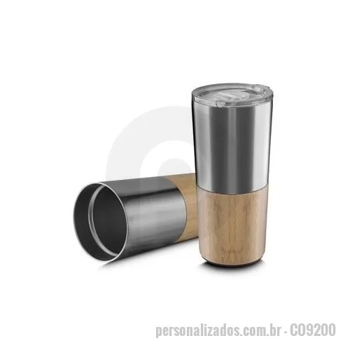 Copo de alumínio personalizado - Copo parede dupla em aço inox, detalhe em bambu na parte inferior, tampa plástica com anel de silicone para evitar vazamento, com capacidade de 550ml. Dimensão Produto: 19xø9cm Peso do Produto: 0,337kg