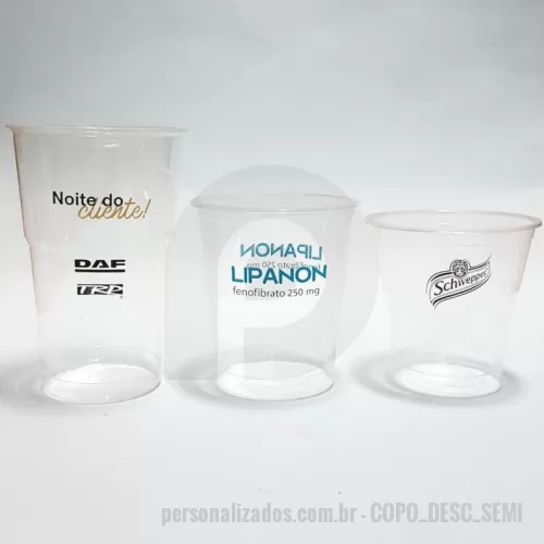 Copo descartável personalizado - COPO DESCARTÁVEL CRISTAL SEMI-FLEXÍVEL. DIVERSAS MEDIDAS: 150/ 200/ 300/ 400 ML. PERSONALIZADO COM IMPRESSÃO EM ATÉ 03 CORES