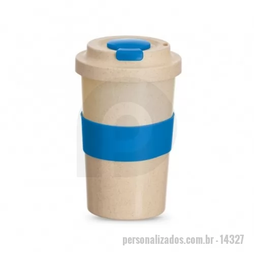 Copo ecológico personalizado - Copo fibra de bambu 450ml com tampa rosqueável. Possui luva colorida e tampa protetora para o bocal ambos em silicone.