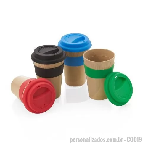 Copo ecológico personalizado - Copo em fibra de bambu com pegador e tampa em silicone, capacidade 450ml.
