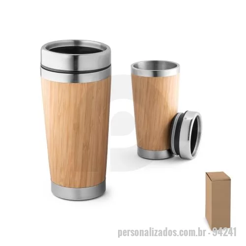 Copo ecológico personalizado - Copo em bambu e aço inox, com sistema de abertura deslizante e parede dupla de isolamento. Capacidade até 500 ml. Food grade. Fornecido em caixa presente de papel craft. 82 x 158 mm