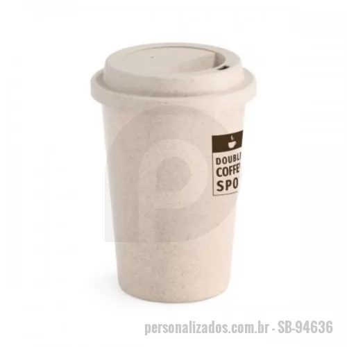 Copo ecológico personalizado - Copo para viagem em fibra de bambu e PP. Com tampa e capacidade até 450 ml.