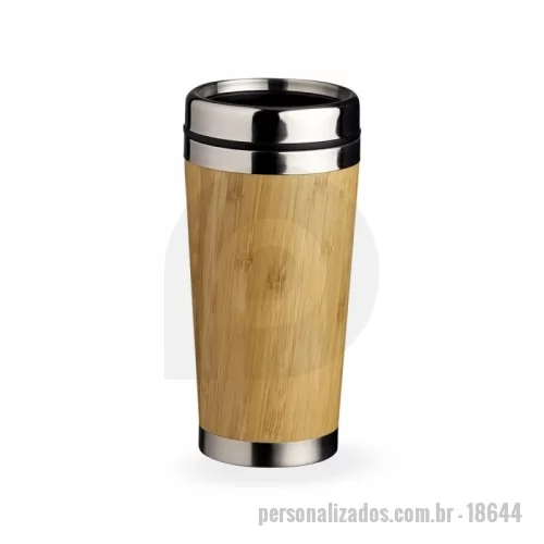 Copo ecológico personalizado - Copo Bambu de 500ml, parte interna em inox. Possui tampa com compartimento que pode ser aberto para beber. Personalização à Laser ou Silkscreen.