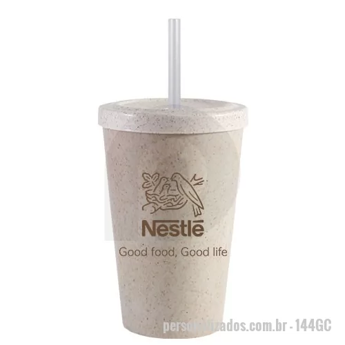Copo ecológico personalizado - Capacidade para 320ml. Copo sustentável feito com 50% de fibra de madeira e 50% de Plástico Premium (PP).  Cores inovadoras, design moderno e acabamento impecável, feito em material atóxico e resistente ao micro-ondas e máquina de lavar. Acompanha tampa e canudo. 